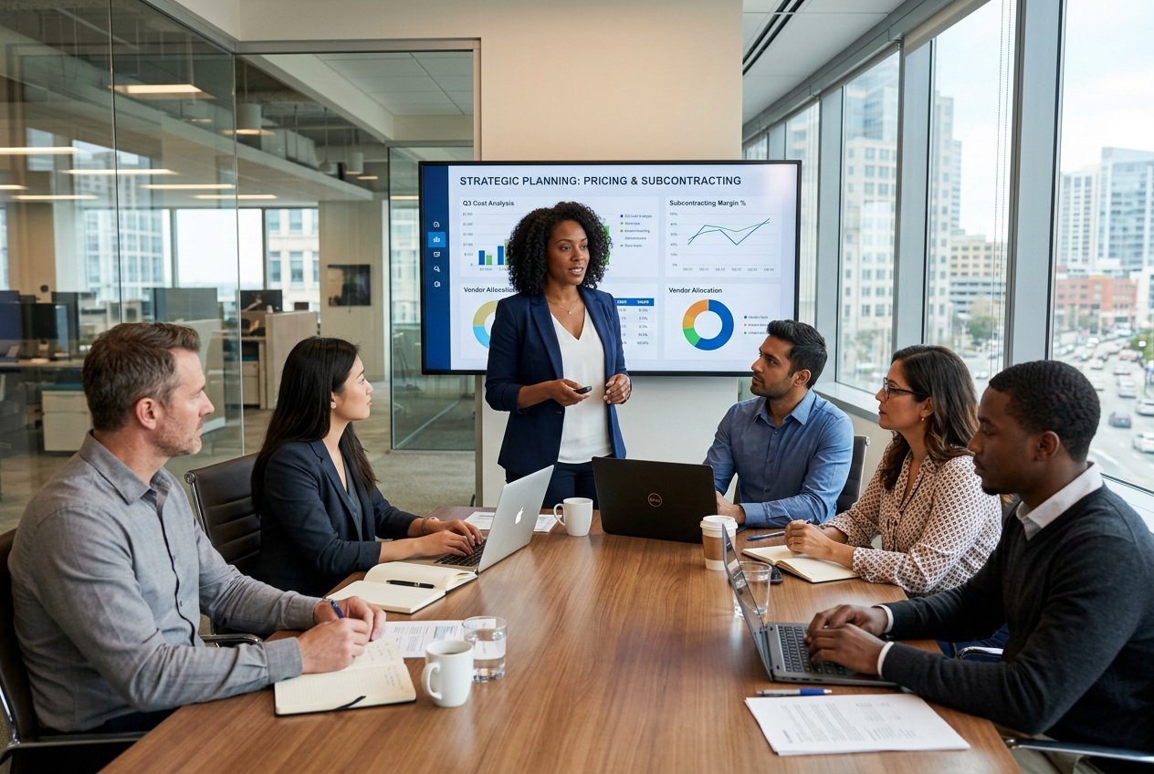 Des professionnels en réunion dans une salle de conférence moderne, discutant de stratégies de tarification et de sous-traitance.