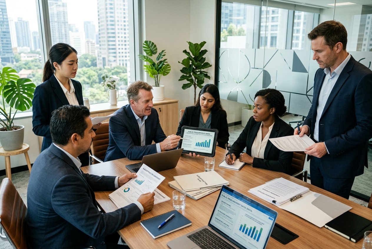 Des professionnels en réunion autour d'une table de conférence, examinant des documents et des données financières dans un bureau moderne.