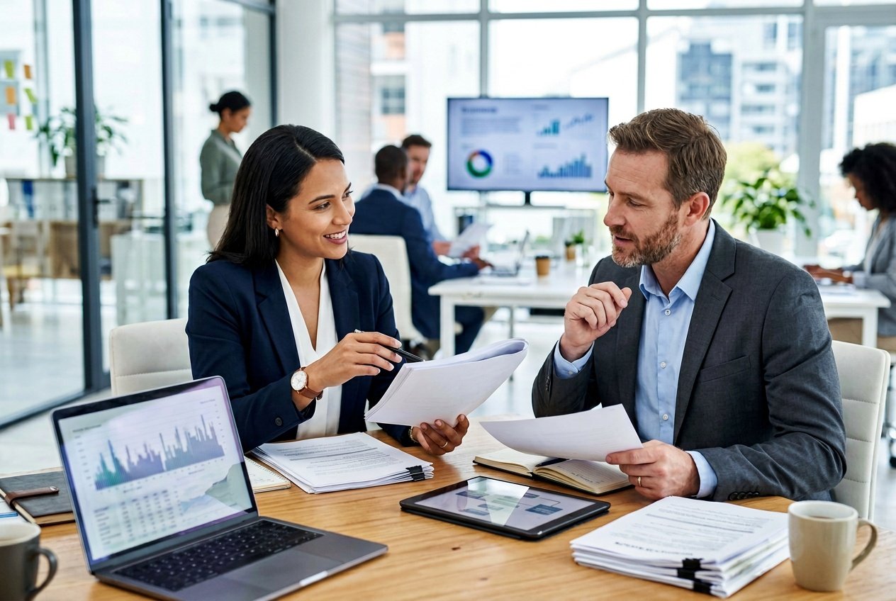 Deux professionnels en bureau moderne discutant de documents autour d'un bureau avec des ordinateurs et des tablettes.