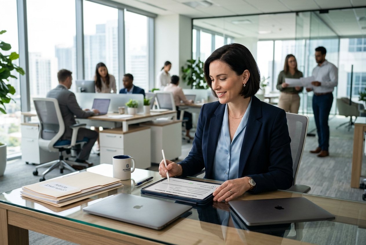 Une femme d'affaires examinant des documents sur une tablette dans un bureau moderne lumineux avec des collègues en arrière-plan.