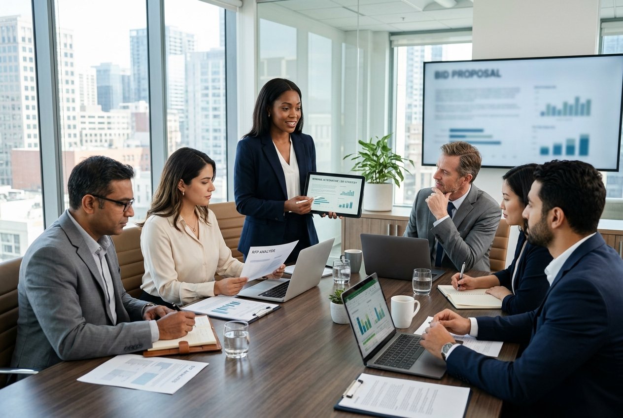 Un groupe de professionnels en réunion autour d'une table, discutant et présentant une proposition commerciale dans un bureau moderne et lumineux.