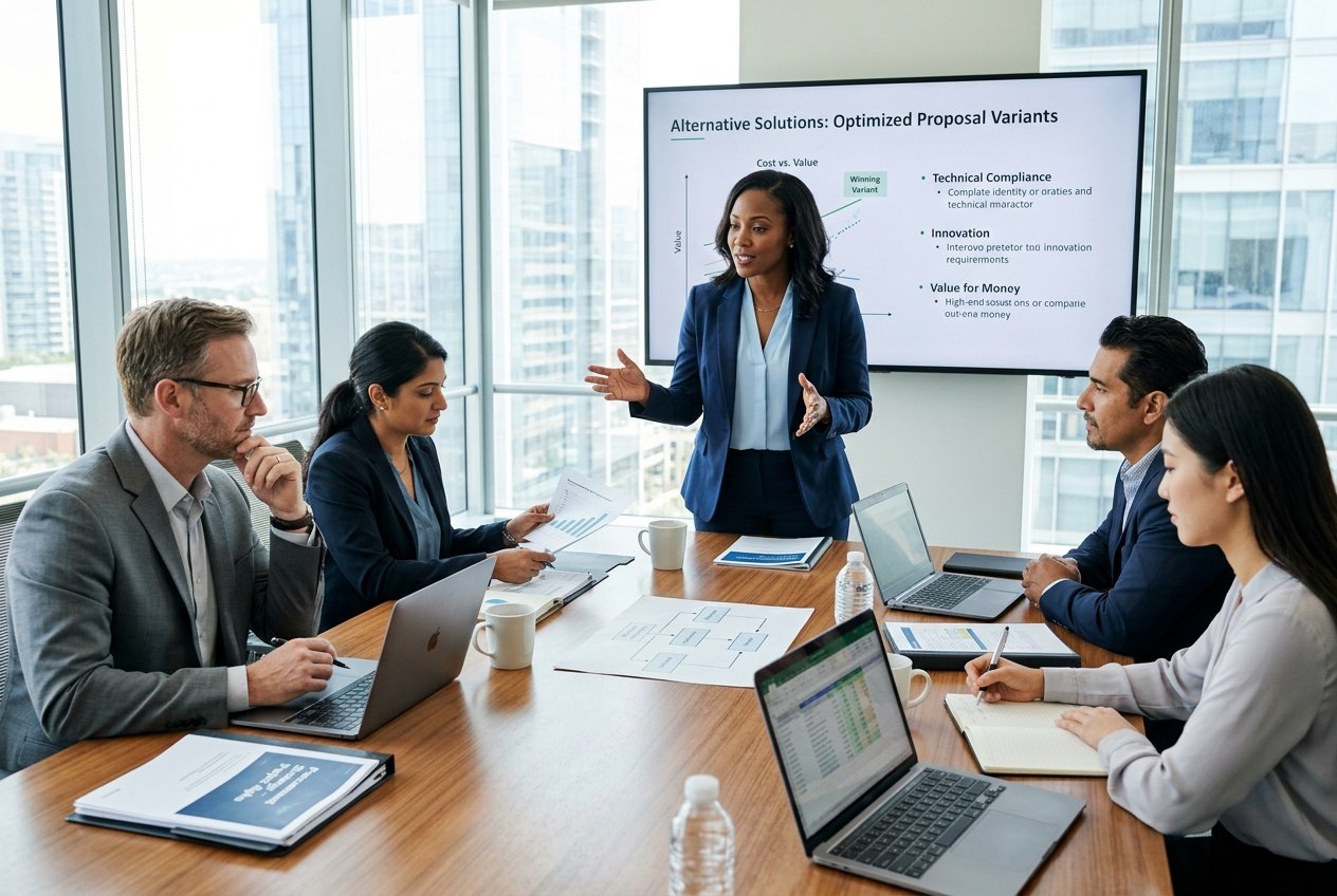Un groupe de professionnels en réunion autour d'une table, discutant et examinant des documents dans un bureau lumineux.