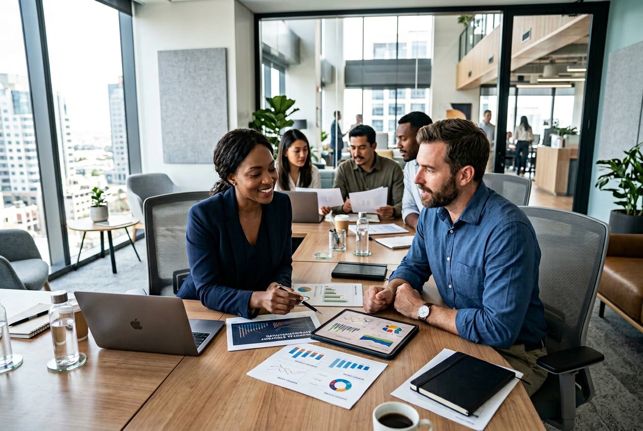 Deux professionnels en réunion dans une salle de conférence, examinant des documents et des graphiques pour proposer des alternatives gagnantes.