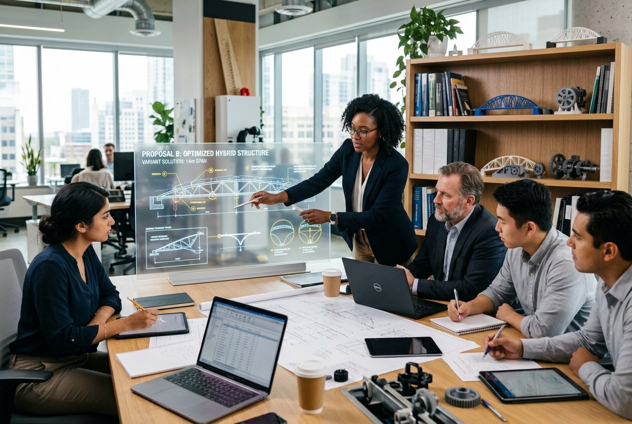 Une équipe d'ingénieurs travaille ensemble autour d'une table avec des plans techniques et des appareils numériques dans un bureau moderne.
