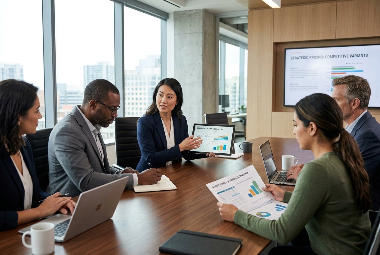 Des professionnels en réunion autour d'une table de conférence, discutant et analysant des documents dans un bureau moderne.