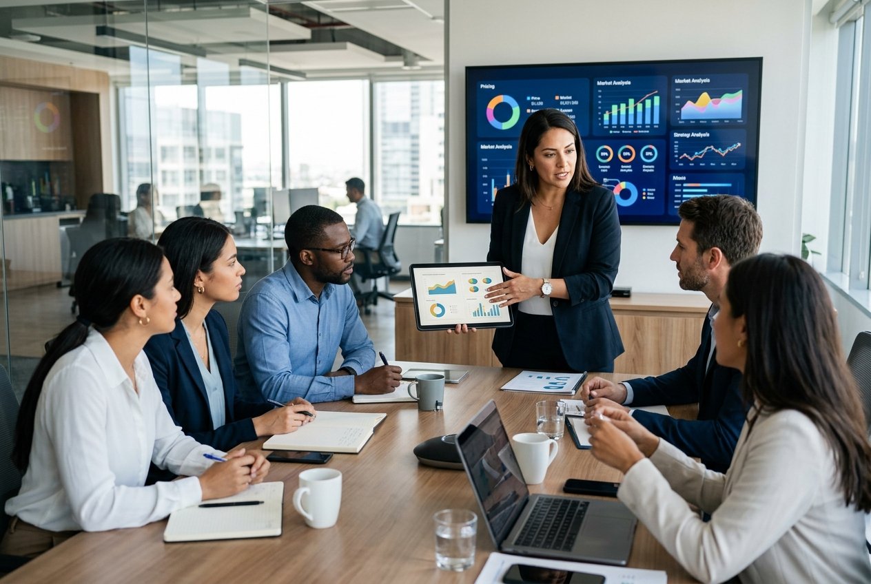 Des professionnels en réunion autour d'une table, une femme présente des propositions alternatives à ses collègues dans un bureau moderne.