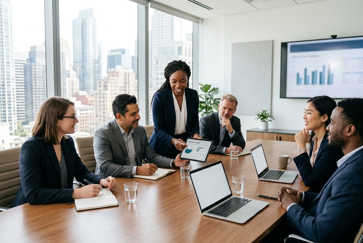 Des professionnels en réunion d'affaires collaborent autour d'une table dans un bureau lumineux.