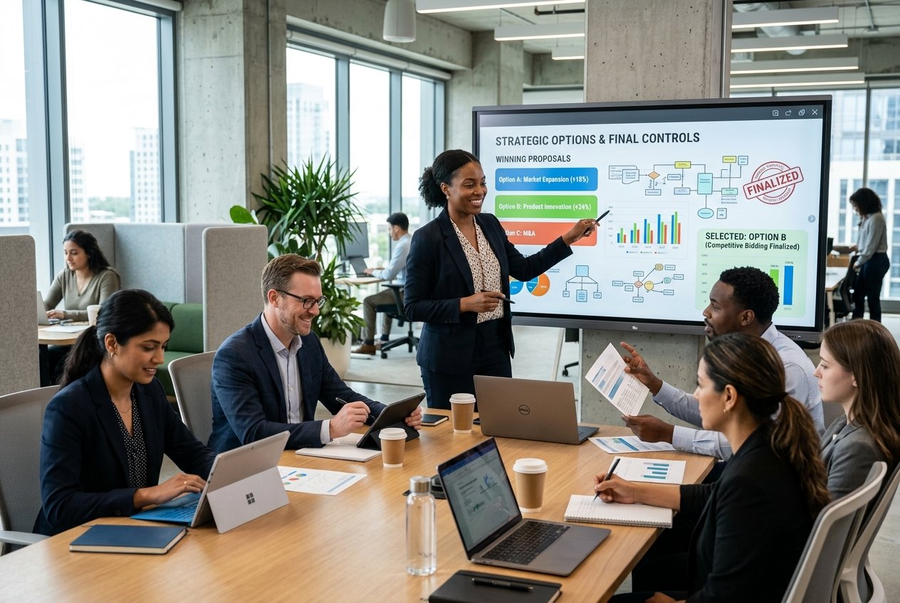 Un groupe de professionnels en réunion dans un bureau moderne, discutant et examinant des documents et un tableau numérique pour choisir une alternative gagnante.