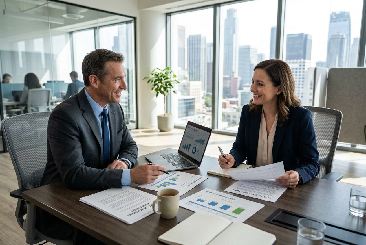 Deux professionnels en réunion discutant autour d'une table dans un bureau moderne, examinant des documents liés à un contrat.