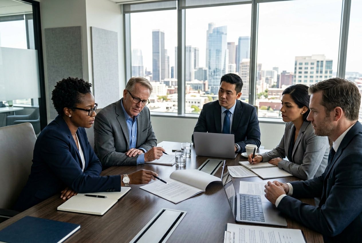 Un groupe de professionnels en réunion autour d'une table, discutant des documents dans un bureau lumineux.