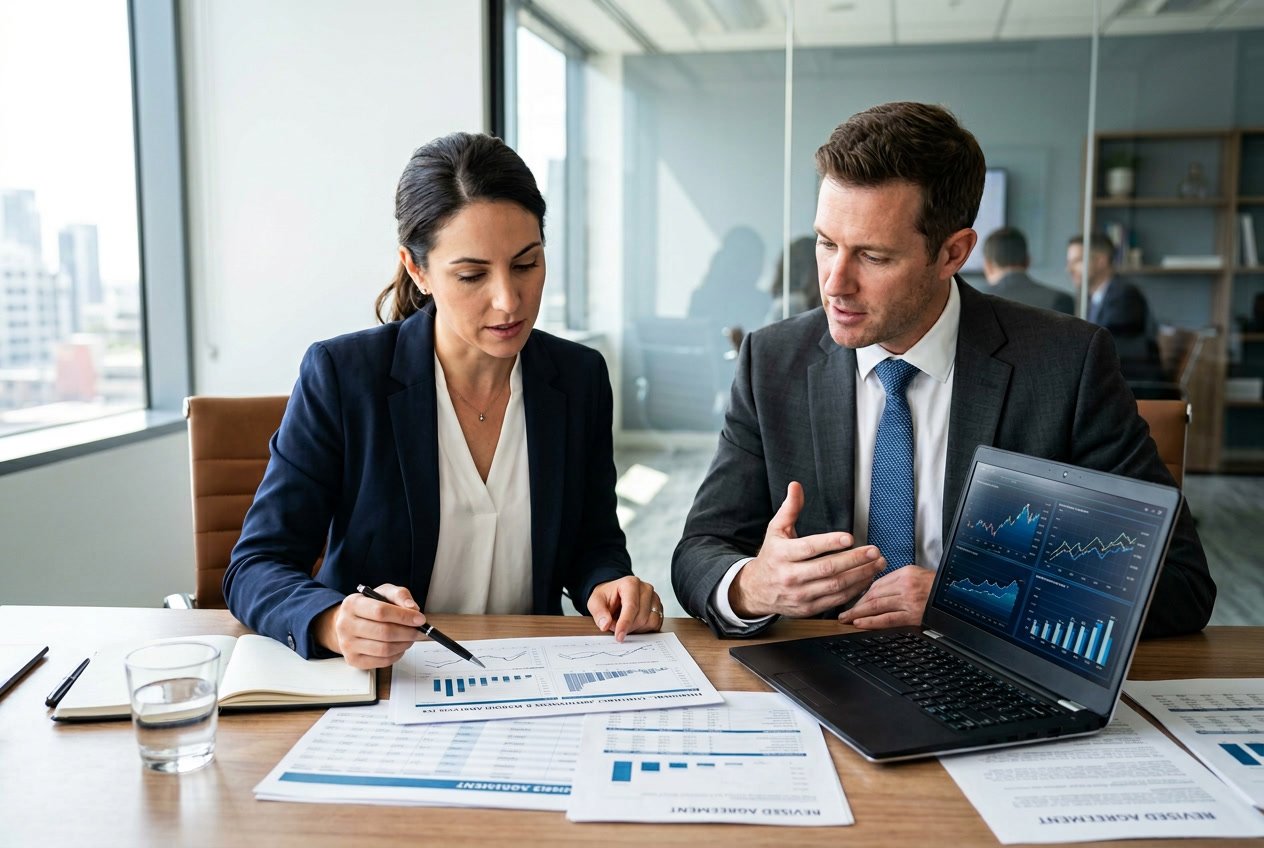 Deux professionnels en réunion examinant des documents financiers et un ordinateur portable dans un bureau moderne.