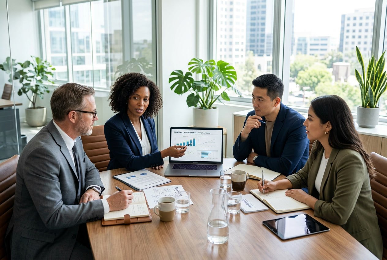 Des professionnels en réunion autour d'une table de conférence discutant et analysant des documents pour préparer une stratégie de négociation.