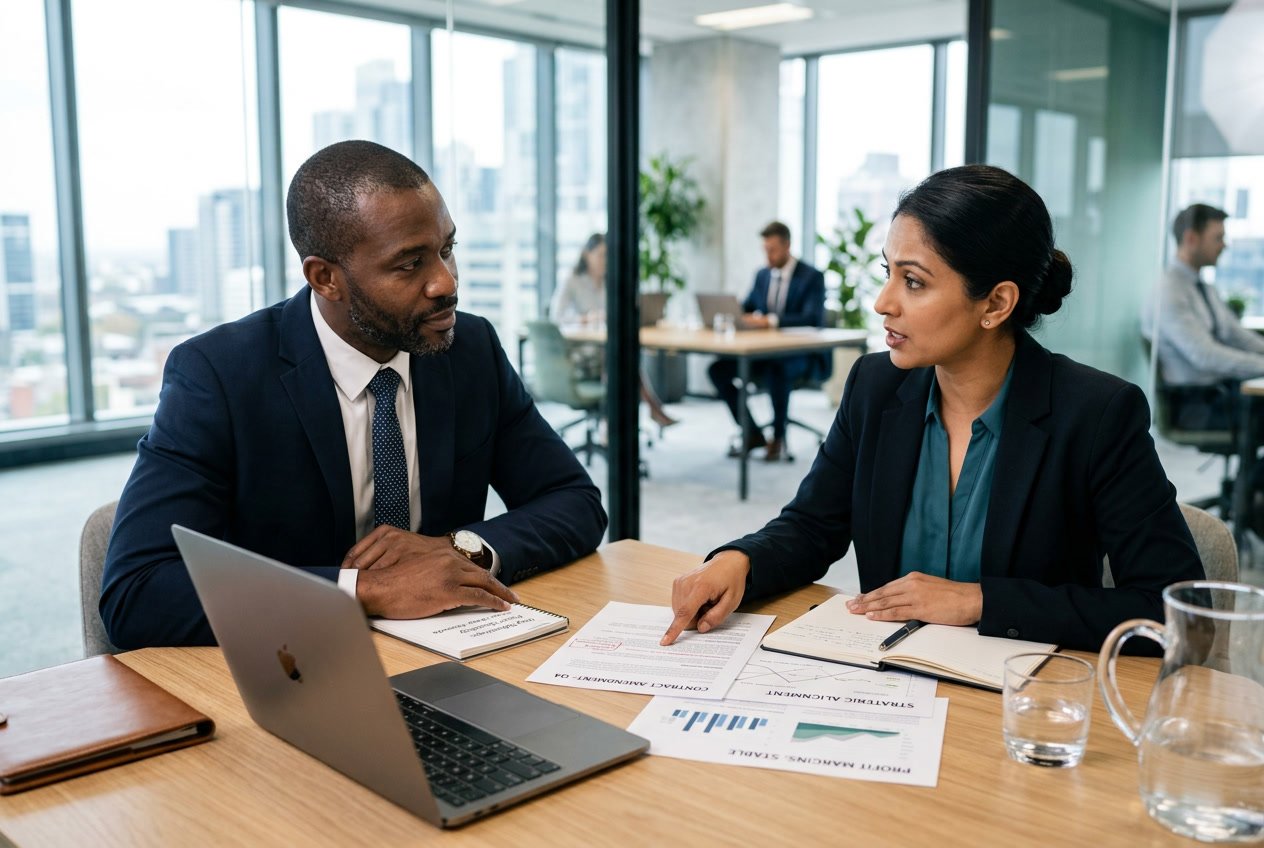 Deux professionnels en réunion d'affaires discutant calmement autour d'une table avec des documents et des ordinateurs portables dans un bureau lumineux.