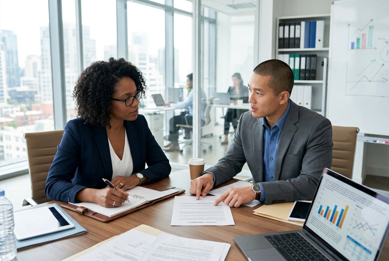 Deux professionnels en réunion discutant de documents et de contrats dans un bureau moderne bien éclairé.