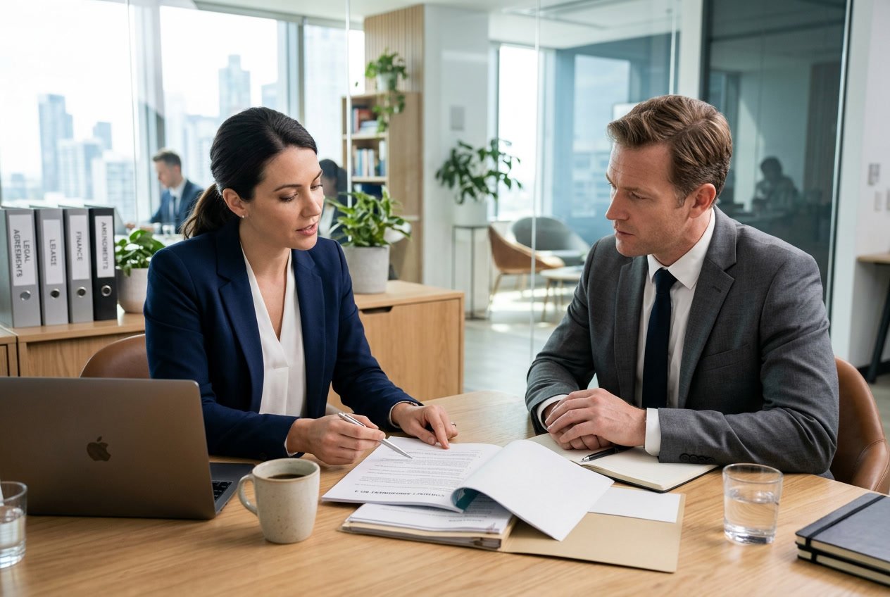 Deux professionnels en réunion d'affaires discutant et examinant des documents dans un bureau moderne.