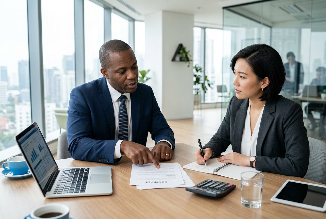 Deux professionnels discutant autour d'une table de réunion avec des documents et un ordinateur portable, en train de négocier un contrat dans un bureau lumineux.