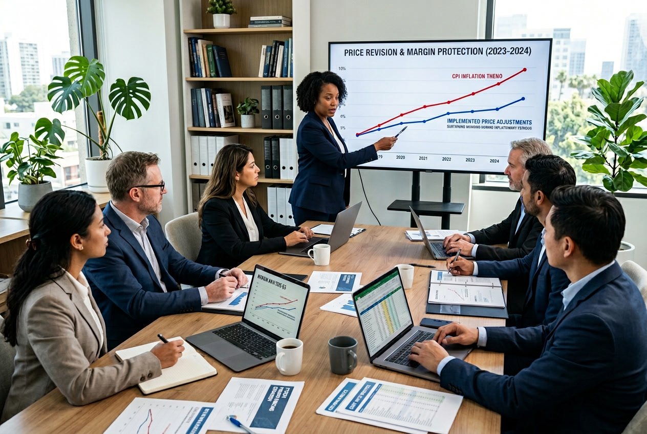 Des professionnels en réunion autour d'une table de conférence avec des documents financiers et un graphique montrant une hausse des prix.