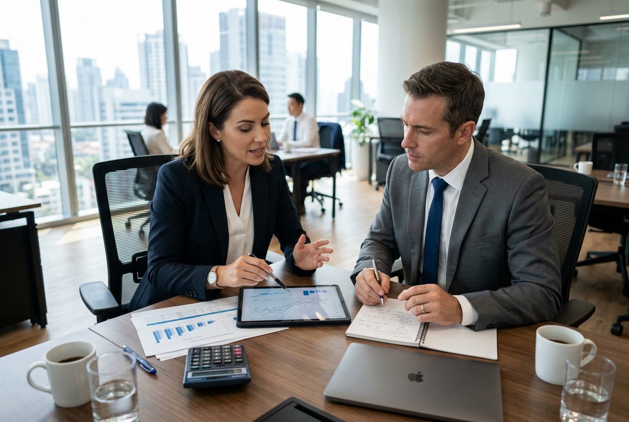 Deux professionnels en réunion dans un bureau moderne, examinant des graphiques financiers sur une tablette et des documents, discutant de stratégies de révision de prix.