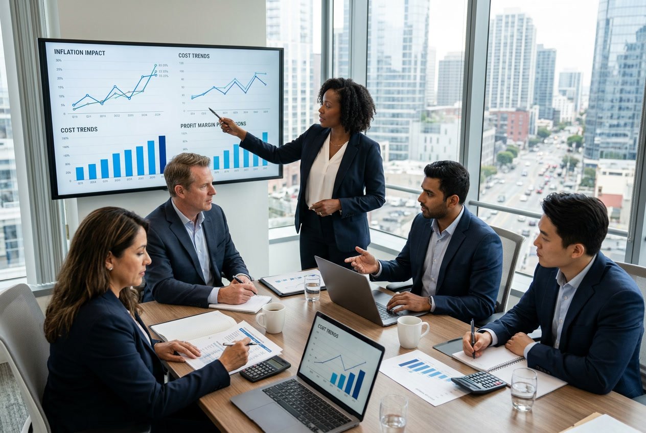 Des professionnels en réunion autour d'une table de conférence, discutant de stratégies financières avec des graphiques et des documents, dans un bureau lumineux avec vue sur la ville.