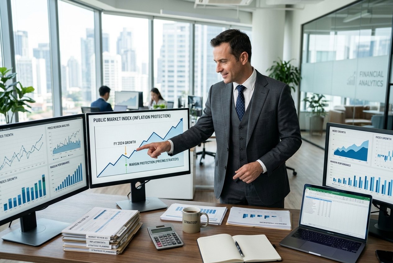Personne d'affaires analysant des graphiques financiers dans un bureau moderne, montrant une courbe d'indice en hausse pour illustrer la protection contre l'inflation.