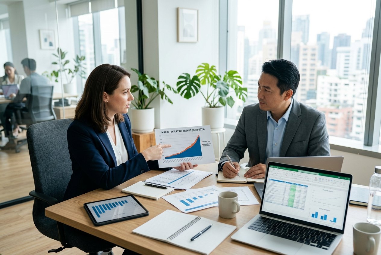 Deux professionnels en réunion discutant de la révision des prix autour d'une table de bureau avec des documents et des graphiques financiers.