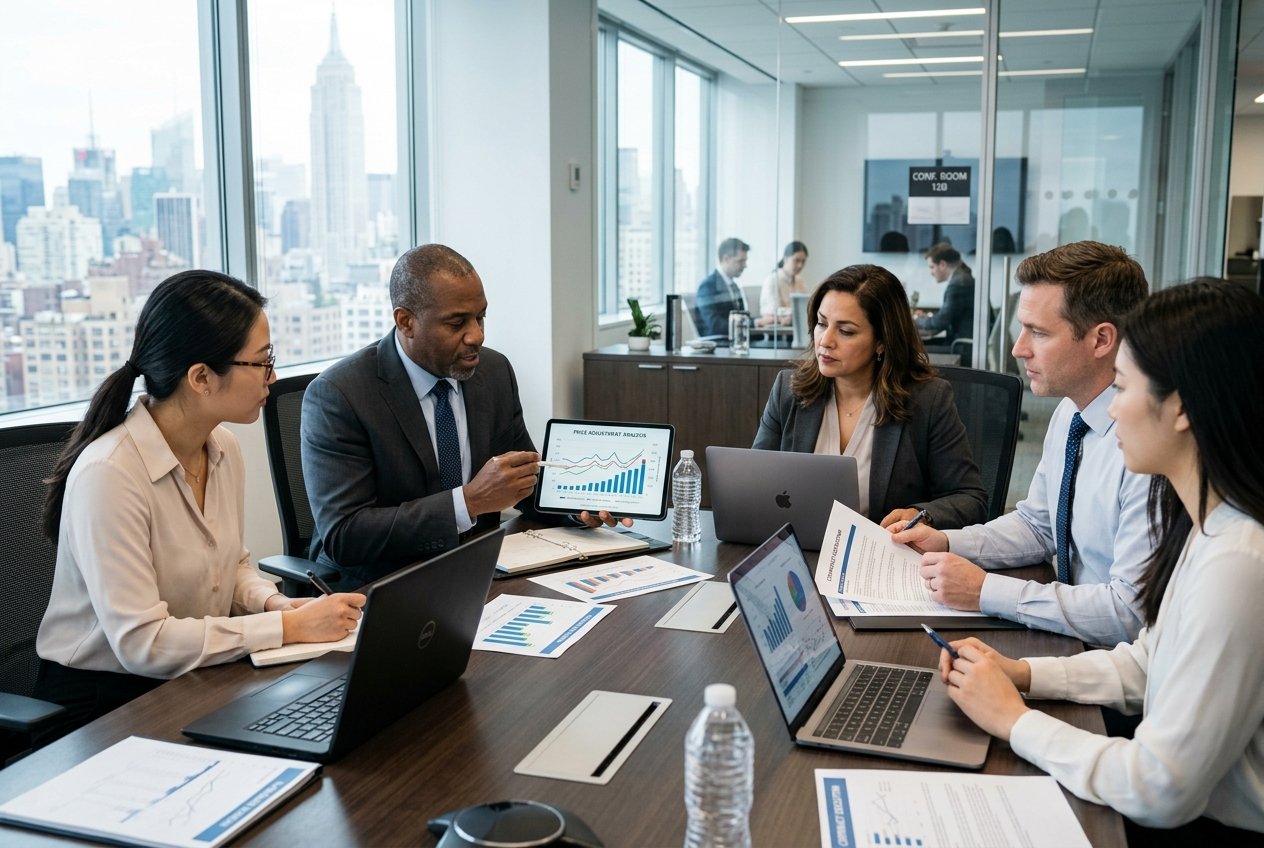 Un groupe de professionnels en réunion autour d'une table de conférence, examinant des documents et des graphiques financiers liés à la révision des prix.