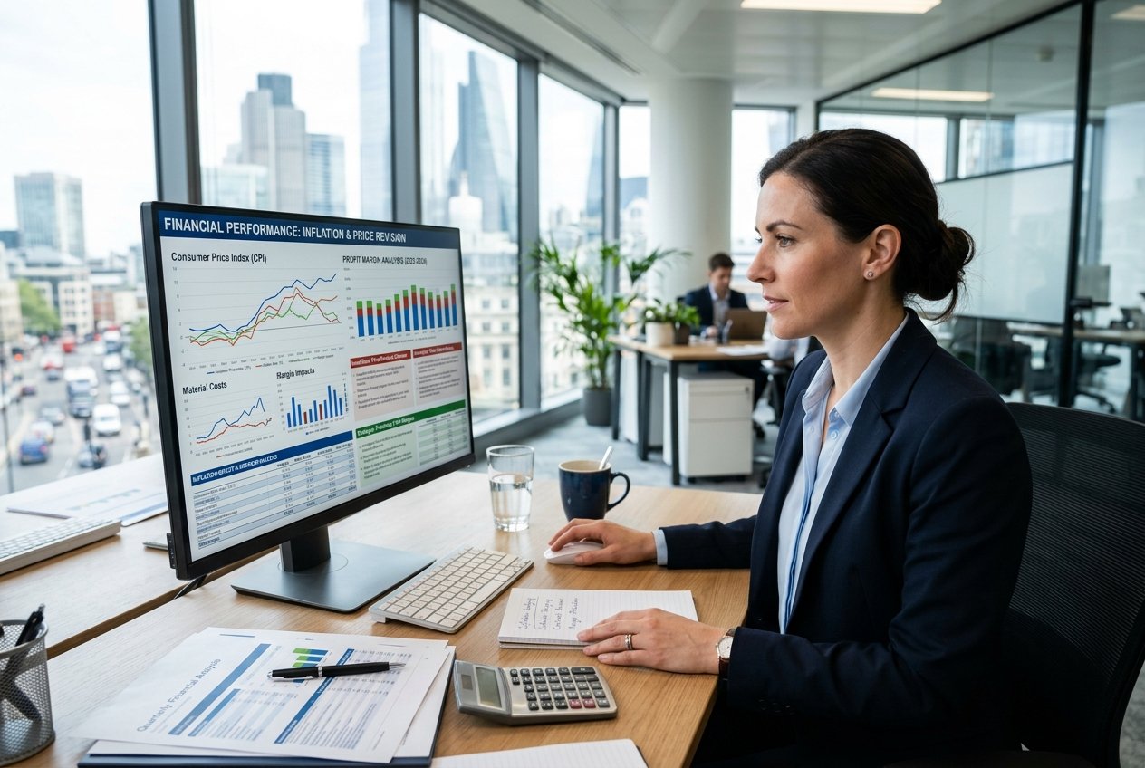 Une personne d'affaires analysant des graphiques financiers sur un ordinateur dans un bureau moderne avec vue sur la ville.