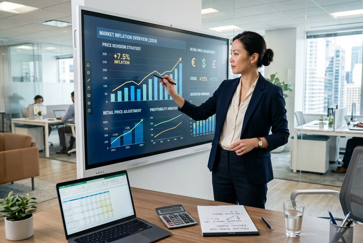 Une femme d'affaires concentrée analysant des graphiques financiers sur un écran dans un bureau moderne.