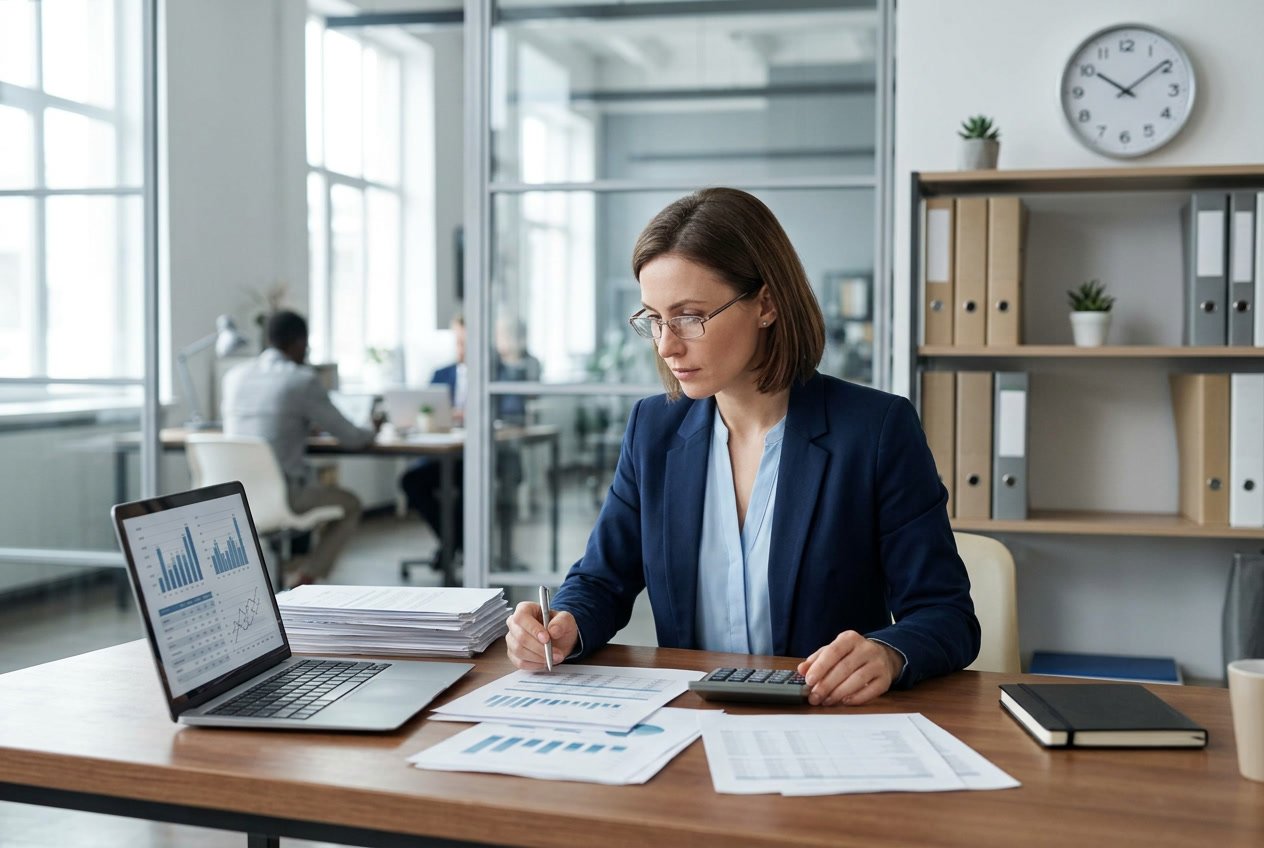 Personne professionnelle examinant des documents financiers dans un bureau moderne, concentrée sur des pénalités de retard.