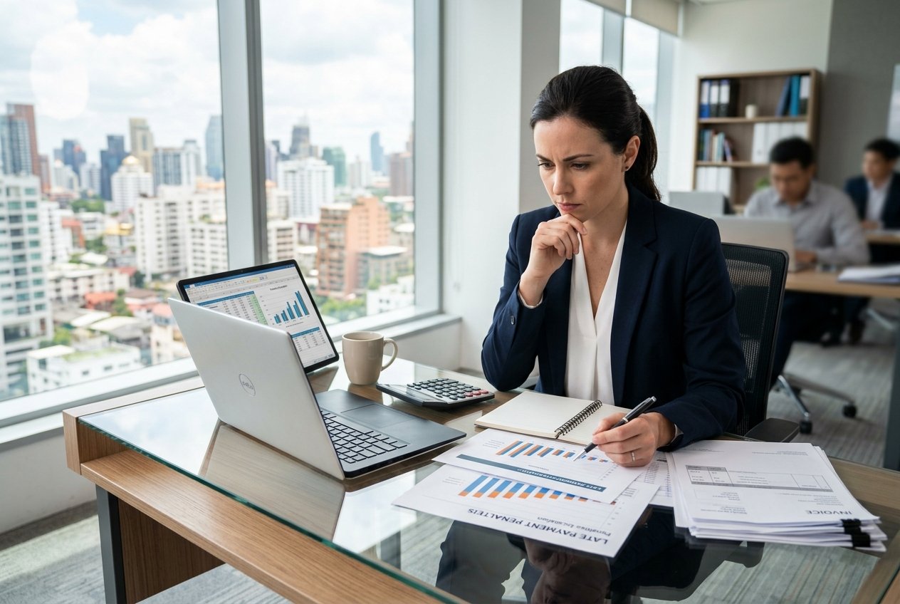 Une personne d'affaires examinant des documents financiers à un bureau moderne avec une calculatrice et un ordinateur portable.