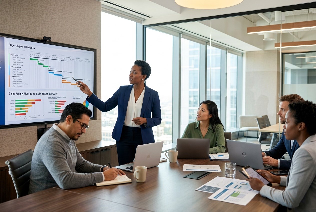 Une réunion professionnelle dans un bureau moderne avec des personnes discutant de gestion des délais et des pénalités.