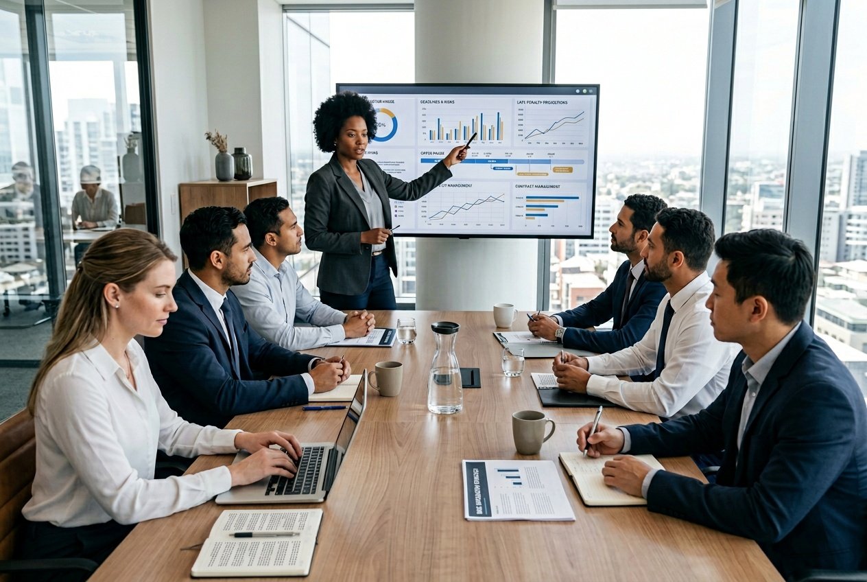 Des professionnels en réunion discutant autour d'une table dans un bureau moderne avec un écran affichant des graphiques.