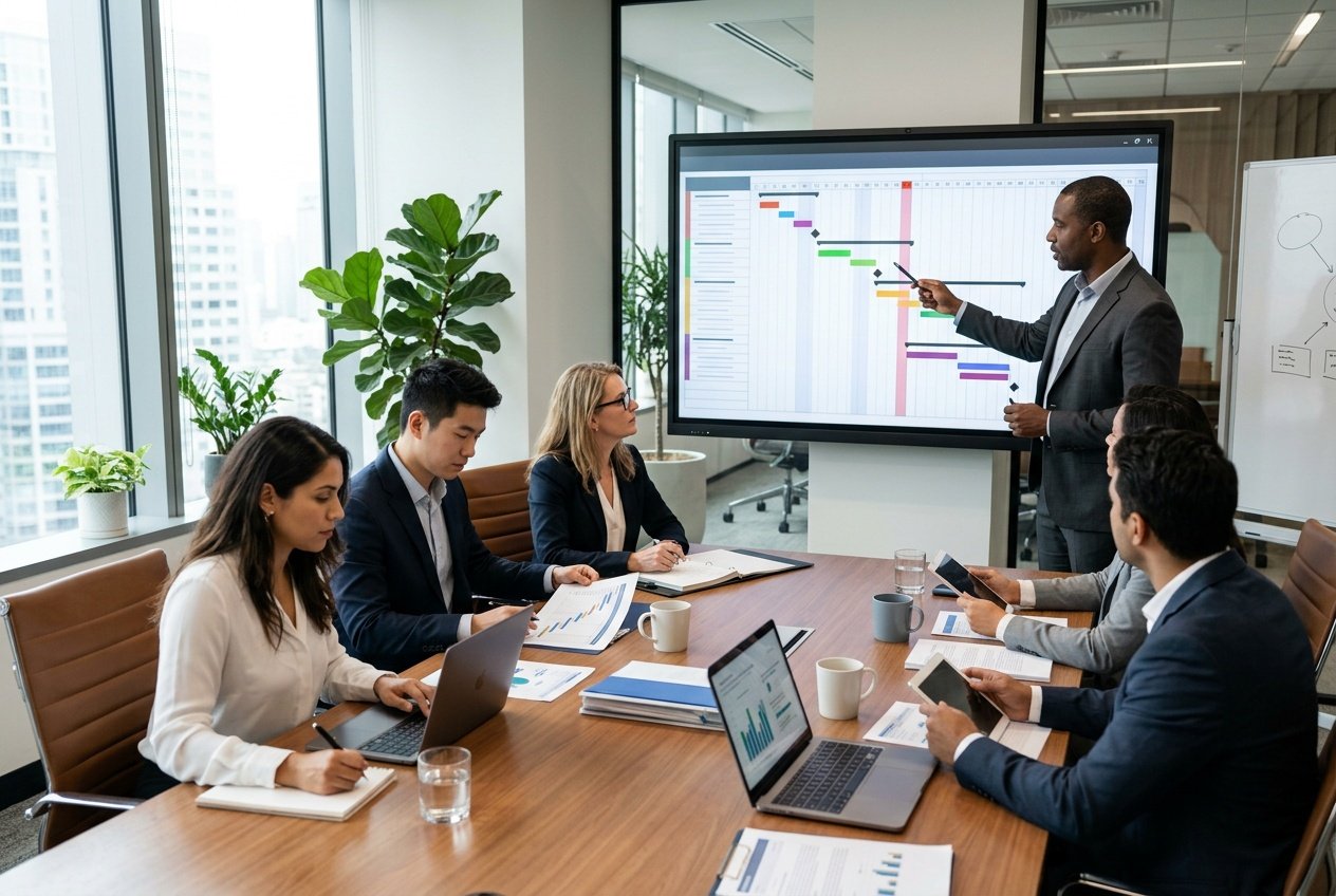 Un groupe de professionnels en réunion autour d'une table de conférence, discutant d'un projet avec un écran montrant un calendrier de projet.