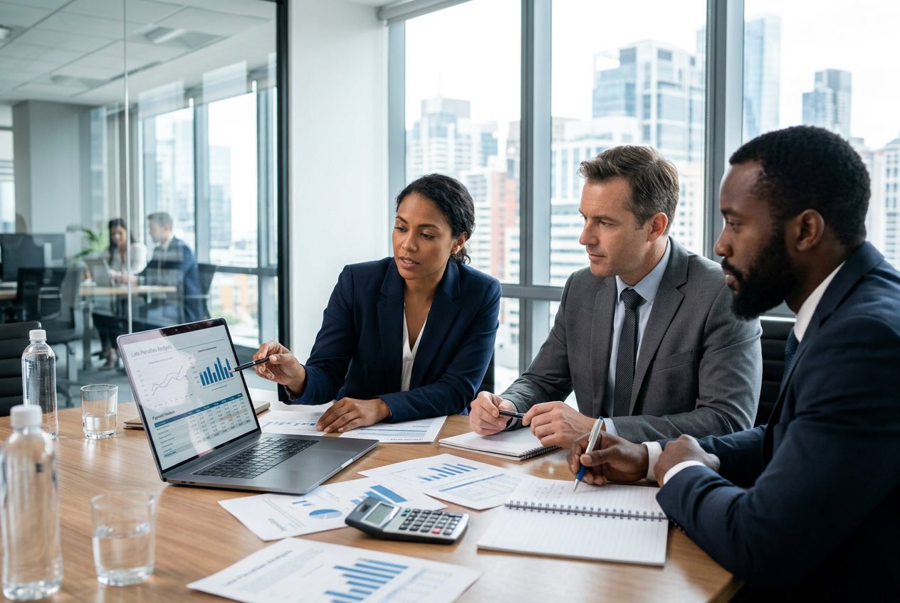 Trois professionnels en réunion autour d'une table de conférence, discutant sérieusement avec un ordinateur portable et des documents financiers.