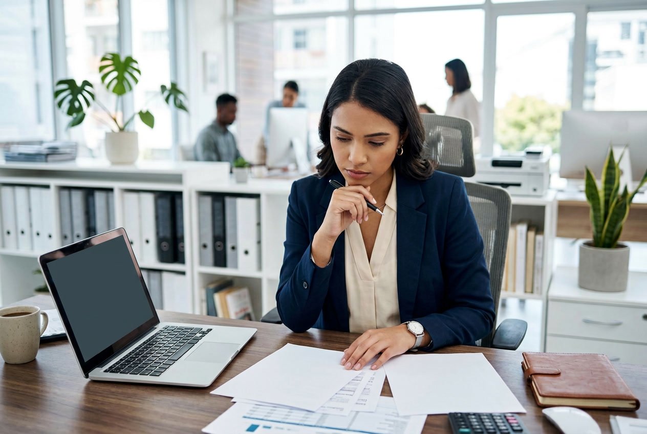 Une femme professionnelle examinant des documents financiers dans un bureau moderne et bien éclairé.