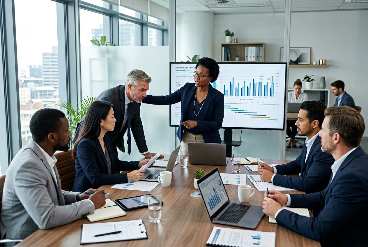 Un groupe de professionnels en réunion autour d'une table, discutant sérieusement des documents dans un bureau moderne.
