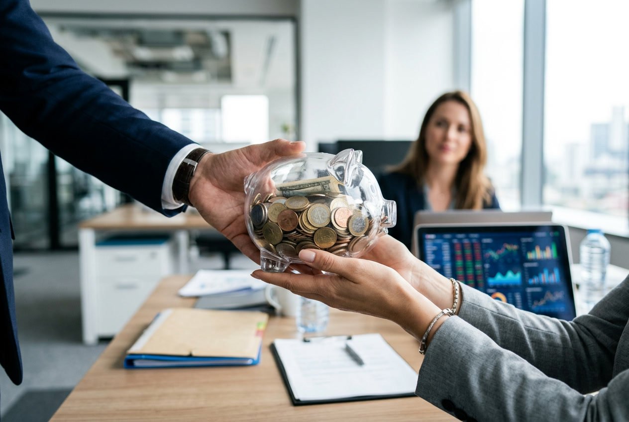 Des mains échangent une tirelire transparente remplie de pièces, avec un bureau moderne et un ordinateur affichant des graphiques financiers en arrière-plan.