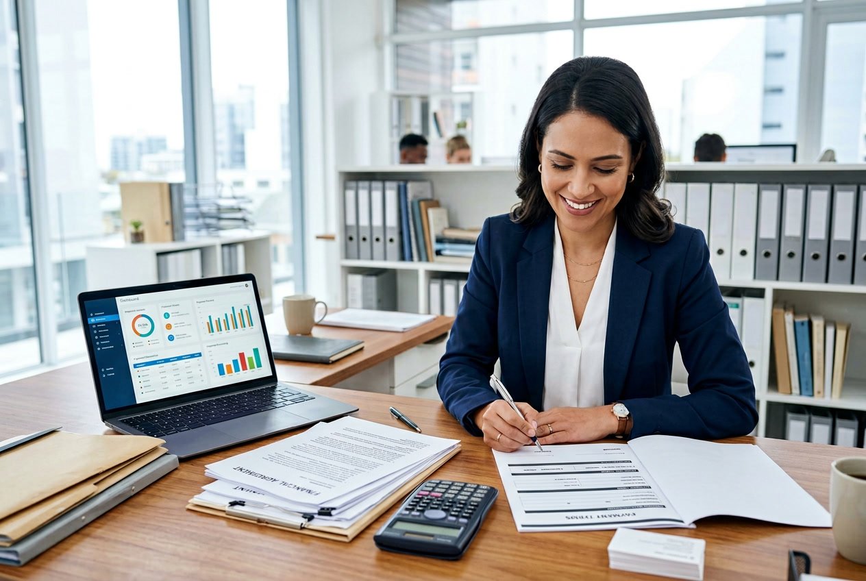 Une personne d'affaires dans un bureau moderne, examinant des documents financiers et utilisant un ordinateur portable avec des graphiques.