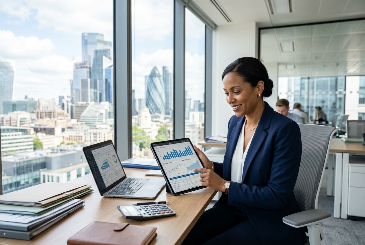 Une femme d'affaires examinant des documents financiers dans un bureau moderne avec une vue sur la ville.
