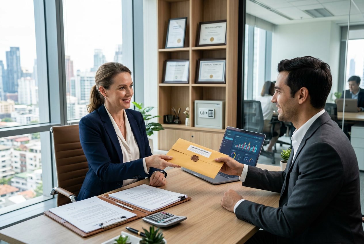 Une personne d'affaires remettant un contrat à une autre dans un bureau moderne, symbolisant une garantie financière sécurisée.