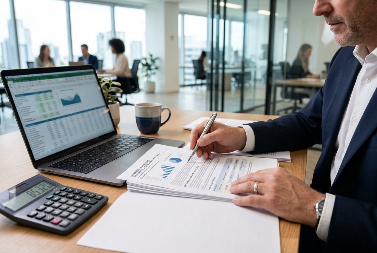 Personne en bureau examinant des documents financiers avec un ordinateur portable et une calculatrice sur le bureau.