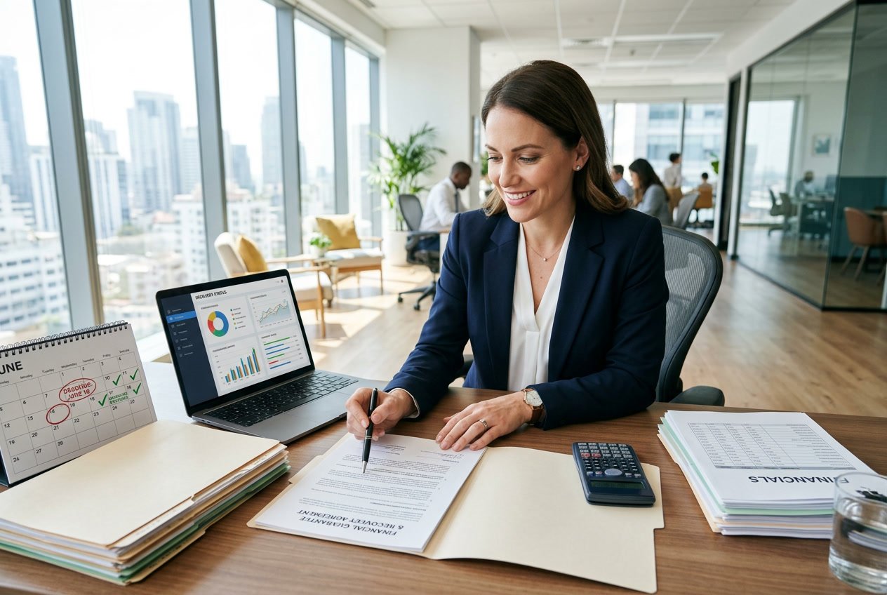 Personne d'affaires examinant des documents financiers à un bureau moderne avec un ordinateur portable et un calendrier.