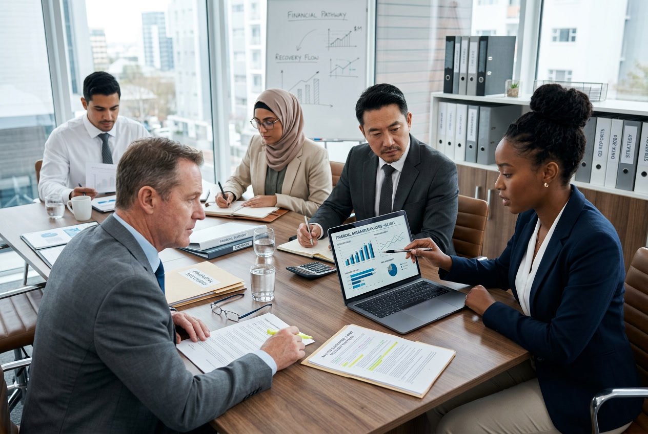Des professionnels en réunion autour d'une table de conférence examinant des documents financiers dans un bureau moderne.