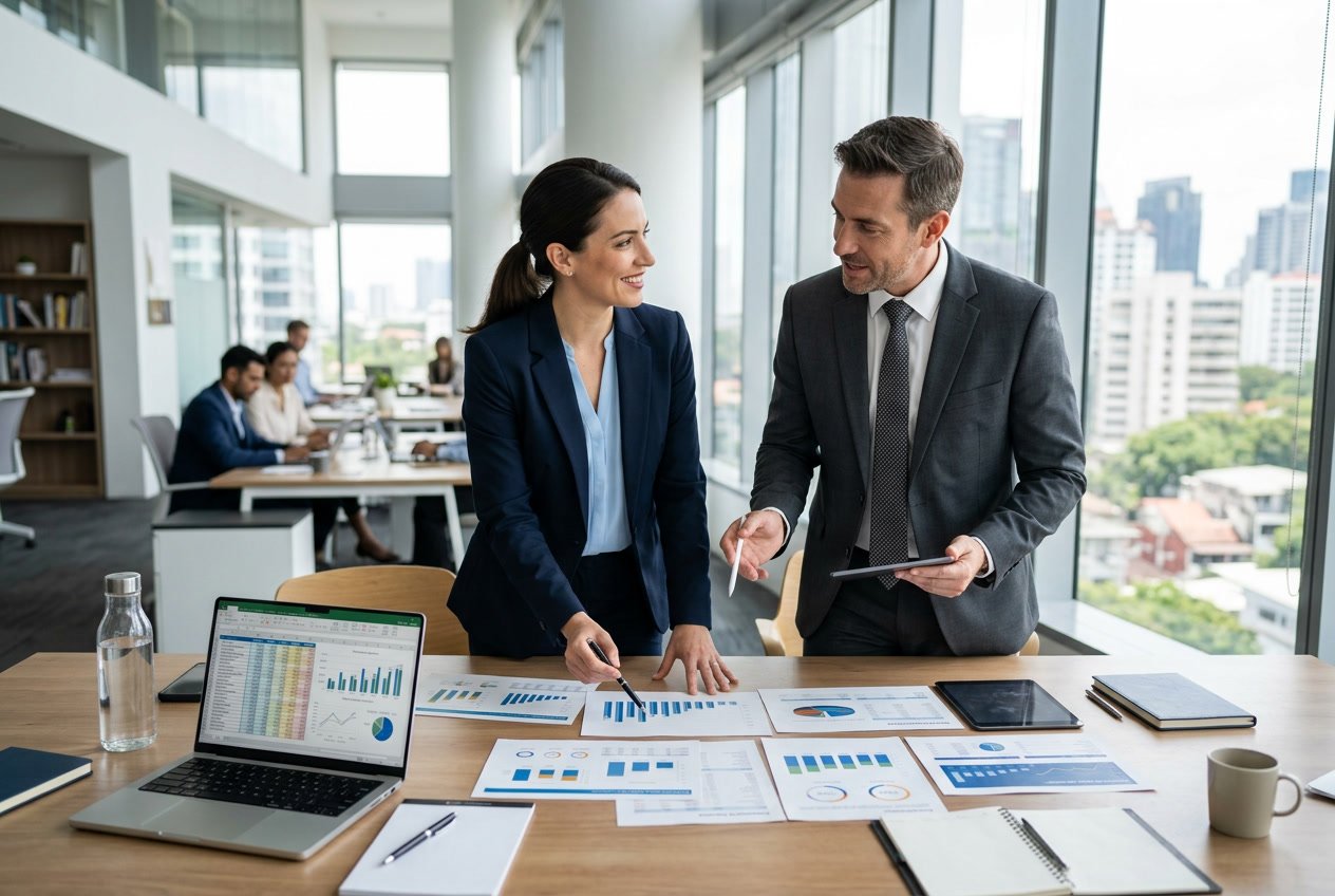Une femme et un homme d'affaires examinent des documents financiers ensemble dans un bureau moderne lumineux.