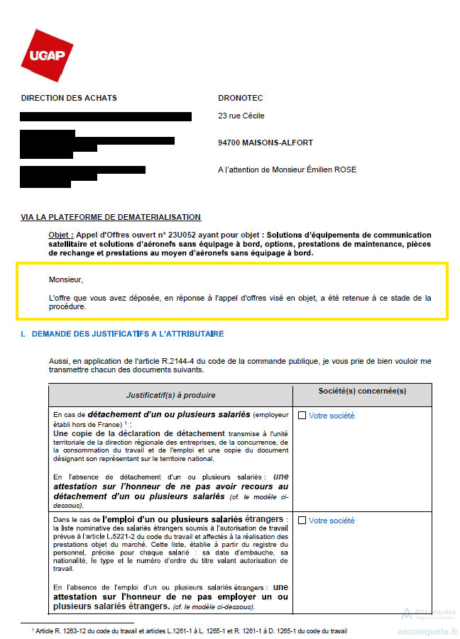 Courrier d'attribution officiel UGAP signe par la Direction des Achats adresse a Dronotec - accord-cadre national 23U052 lot 9 captation aerienne inspection visuelle topographie par drones - attributaire de rang 1 - duree 48 mois - montant maximum 4 millions euros HT