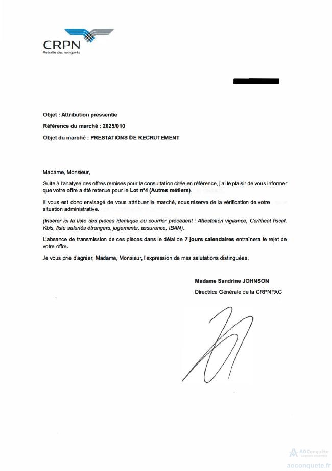 Courrier d'attribution CRPNPAC - marché de recrutement remporté avec AO Conquête