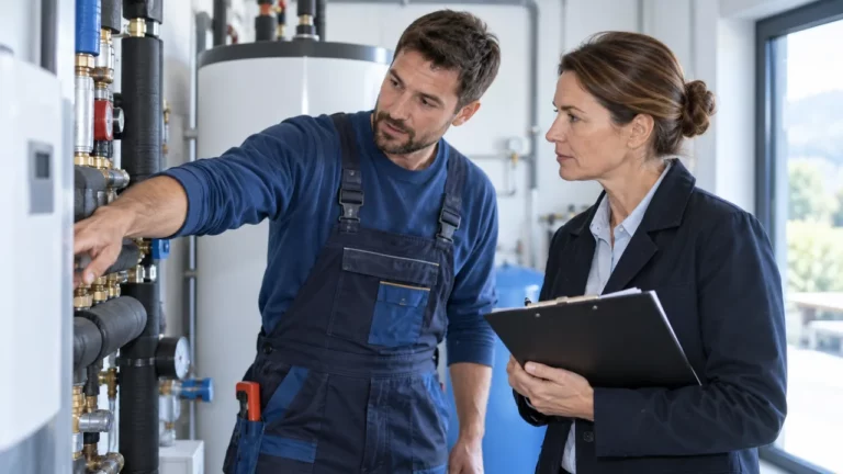 Professionnel du bâtiment et inspecteur examinant une installation technique