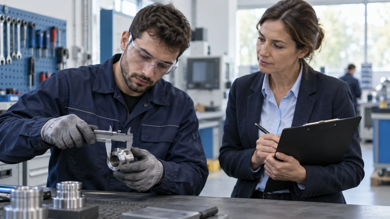 Technicien et auditeur inspectant un instrument de mesure en atelier