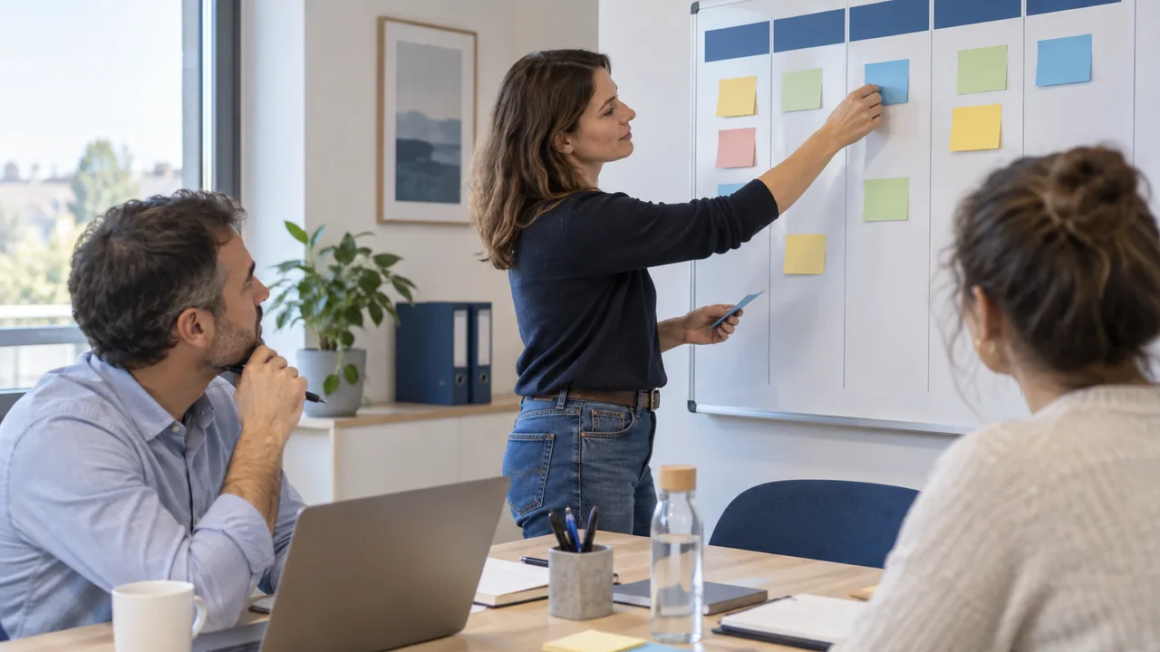 Chef de projet devant un tableau de planification