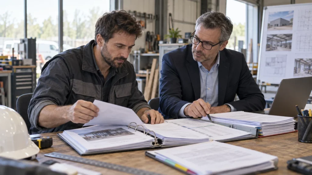 Expert relisant un dossier d'appel d'offres avec un dirigeant